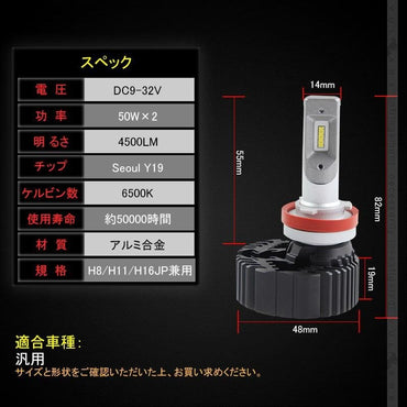 7 PLUS LEDヘッドライト H8/H11/H16JP 4500LM 1年保証 2個set Seoul Y19 DC9V~32V 新車検対応 LEDフォグランプ 6500K 360度光軸調整可 取付簡単 電装 パーツ - VULCANS