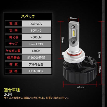 7 PLUS LEDヘッドライト HB3/9005 4500LM 1年保証 2個set Seoul Y19 DC9V~32V 新車検対応 LEDフォグランプ 6500K 360度光軸調整可 取付簡単 電装 パーツ - VULCANS