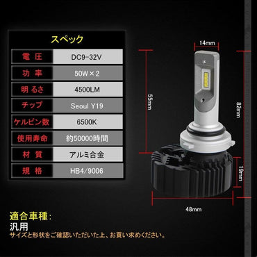 7 PLUS LEDヘッドライト HB4/9006 4500LM 1年保証 2個set Seoul Y19 DC9V~32V 新車検対応 LEDフォグランプ 6500K 360度光軸調整可 取付簡単 電装 パーツ - VULCANS