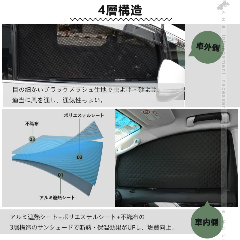 2in1 サンシェード+メッシュカーテン 車種選択可 日除け マグネット式 遮光率99% 断熱 遮熱 4層構造 日よけ インテリア カーテン 内装 パーツ 紫外線 UVカット