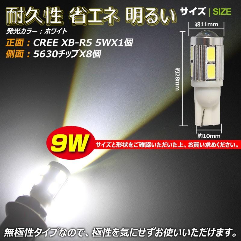 T10/T15/T16 LEDウェッジ球 LEDバルブ 無極性 9W CREE 5W XB-D1連 5630SMD8連 プロジェクターレンズ搭載 ホワイト 2個 ポジションランプ・バックランプなどに