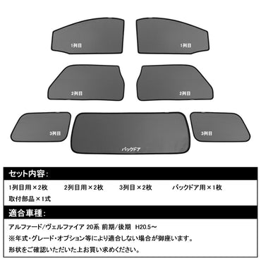 アルファード/ヴェルファイア 20系 メッシュカーテン 日よけ インテリア 遮光カーテン UVカット 紫外線 フロントドア リアグラス 7枚seT