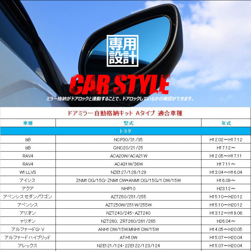 トヨタ車用 ドアミラー 自動格納キット Aタイプ bB アクア アルファ一ド カルディナ プリウスα等に キーレス ミラー格納ユニット ドアロック連動 サイドミラー