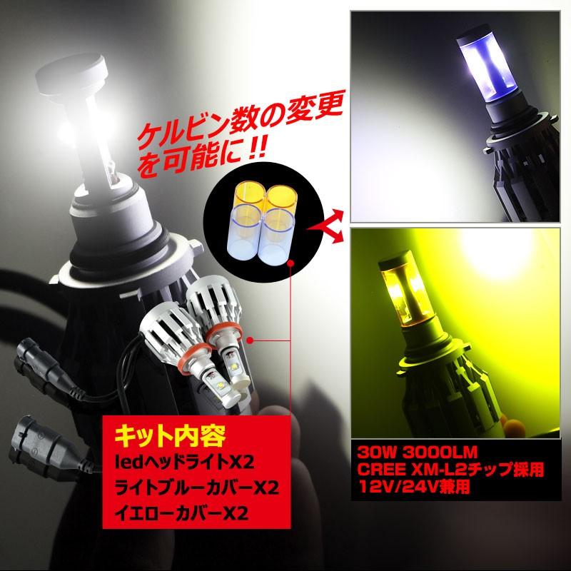 一体型 LEDヘッドライト H11/H8/H16 12V/24V CREE XM-L2 2000LM ケルビンカバー付属 6500K 4300K 8000K ホワイト ライトブルー イエロー 1年保証