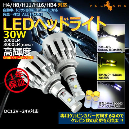 一体型 LEDヘッドライト HB4/9006 12V/24V CREE XM-L2 2000LM ケルビンカバー付属 6500K 4300K 8000K ホワイト ライトブルー イエロー 1年保証