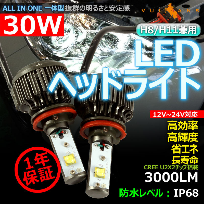 LEDヘッドライト H8/H11 40W 12V/24V CREE U2X4 3600LM 6500K ホワイト 1年保証 LEDフォグランプ LEDバルブ 防水 IP68