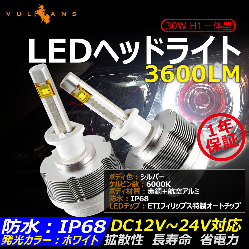 30W H1 一体型 LEDヘッドライト 3600LM 12V/24V対応 ホワイト IP68 ファンレス設計 ETI製車専用LEDチップ 1年保証 シルバー