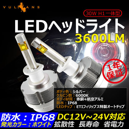 30W H1 一体型 LEDヘッドライト 3600LM 12V/24V対応 ホワイト IP68 ファンレス設計 ETI製車専用LEDチップ 1年保証 シルバー