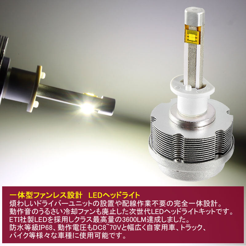 30W H1 一体型 LEDヘッドライト 3600LM 12V/24V対応 ホワイト IP68 ファンレス設計 ETI製車専用LEDチップ 1年保証 シルバー