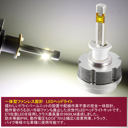 30W H1 一体型 LEDヘッドライト 3600LM 12V/24V対応 ホワイト IP68 ファンレス設計 ETI製車専用LEDチップ 1年保証 シルバー