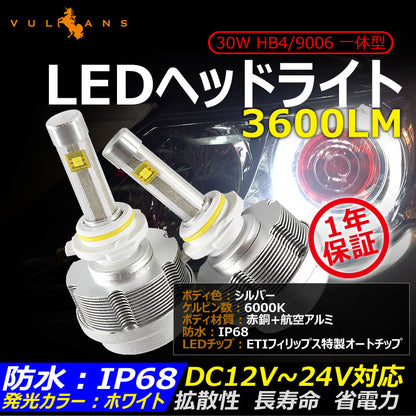 30W HB4/9006 一体型 LEDヘッドライト 3600LM 12V/24V対応 ホワイト IP68 ファンレス設計 ETI製車専用LEDチップ 1年保証 シルバー