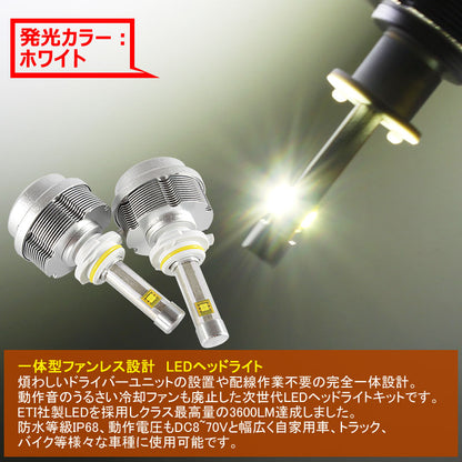 30W HB4/9006 一体型 LEDヘッドライト 3600LM 12V/24V対応 ホワイト IP68 ファンレス設計 ETI製車専用LEDチップ 1年保証 シルバー