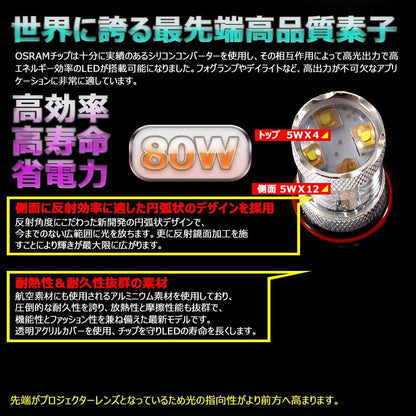 80W プロジェクター PSX26W LEDフォグランプ ハイエース 200系 3型後期用 4型等に LEDバルブ OSRAMチップ16連 12V/24V アルミヒートシンク 白 2個