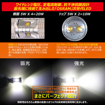 30W プロジェクター LEDダブル球 S25D/1157/BAY15D LEDバルブ LED ライト 汎用 12V アルミヒートシンク 白 ホワイト パーツ 電装品 2個