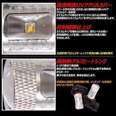 30W プロジェクター LEDフォグランプ HB3/9005 LEDバルブ LED フォグ 汎用 12V アルミヒートシンク 白 ホワイト 2個