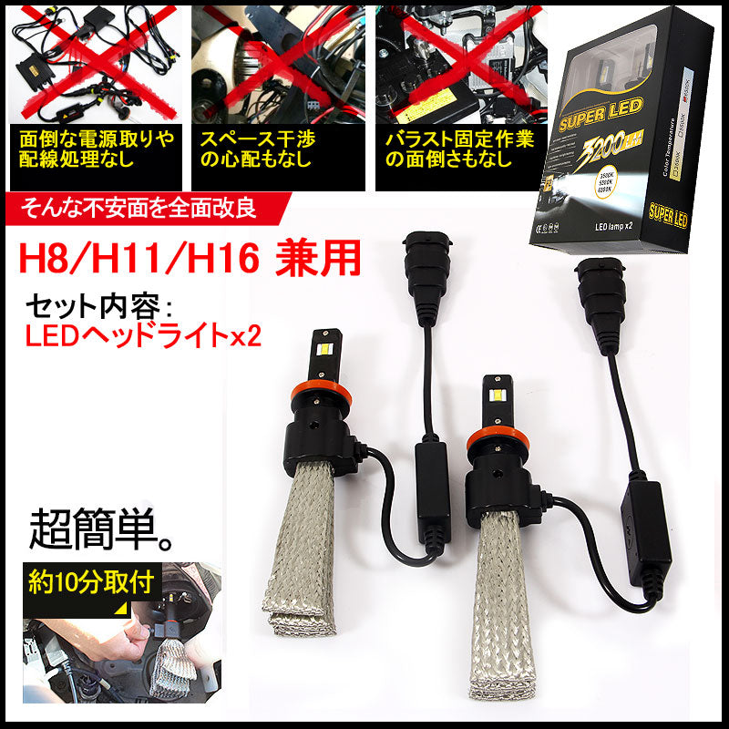 ヒートリボン式 LEDヘッドライト H8/H11/H16 一体型/ヒートリボン LEDバルブ 20W 2500LM 6500K フォグランプ兼用 12V24V対応 左右seT 1年保証