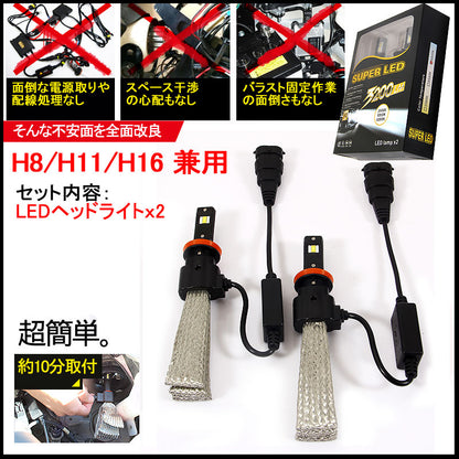 ヒートリボン式 LEDヘッドライト H8/H11/H16 一体型/ヒートリボン LEDバルブ 20W 2500LM 6500K フォグランプ兼用 12V24V対応 左右seT 1年保証