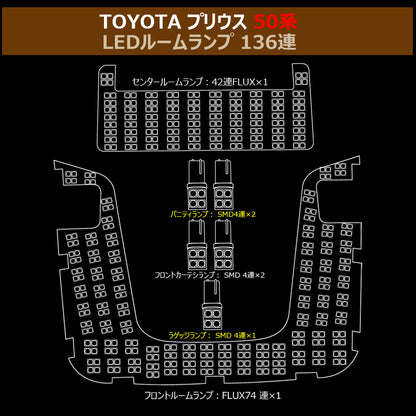 プリウス50系 ZVW50 LEDルームランプ ラゲッジランプ バニティランプ カーテシランプ 136連 FLUXタイプ 7点seT ホワイト