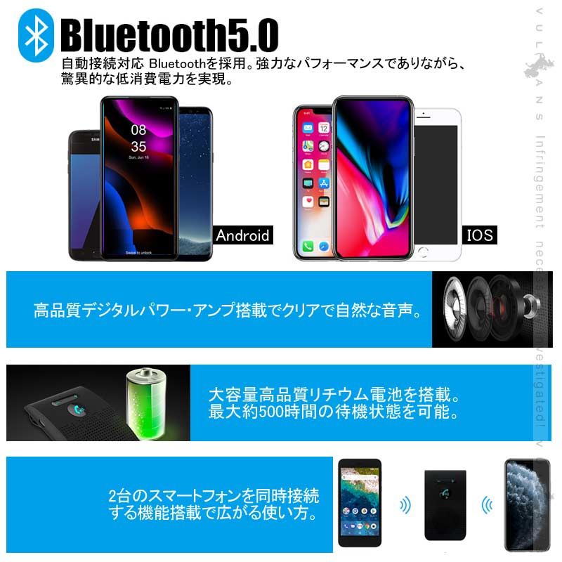 Bluebooth5.0 車載 ハンズフリー ハンズフリー通話 Siri起動 ハンズフリー キット 振動検知搭載 音楽対応 通話キット スピーカー マイク高音質 長時間 2台待受