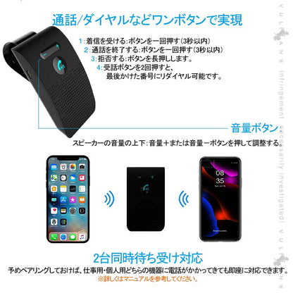 Bluebooth5.0 車載 ハンズフリー ハンズフリー通話 Siri起動 ハンズフリー キット 振動検知搭載 音楽対応 通話キット スピーカー マイク高音質 長時間 2台待受