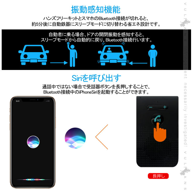 Bluebooth5.0 車載 ハンズフリー ハンズフリー通話 Siri起動 ハンズフリー キット 振動検知搭載 音楽対応 通話キット スピーカー マイク高音質 長時間 2台待受