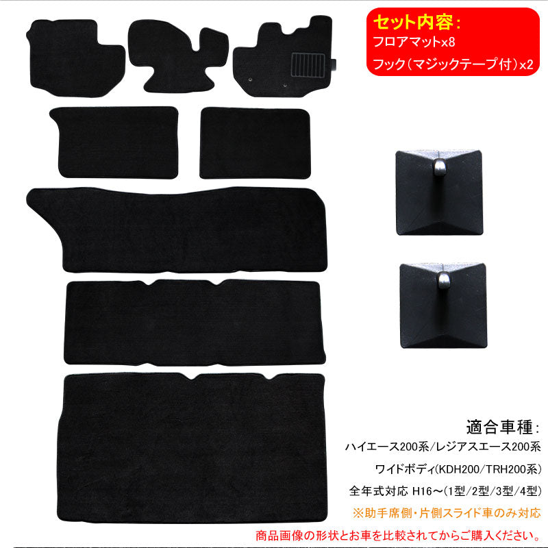 ハイエース200系 ワイドボディ 1型/2型/3型/4型 フロアマット 8枚set ラゲッジマット 5点set 内装 パーツ カーマット