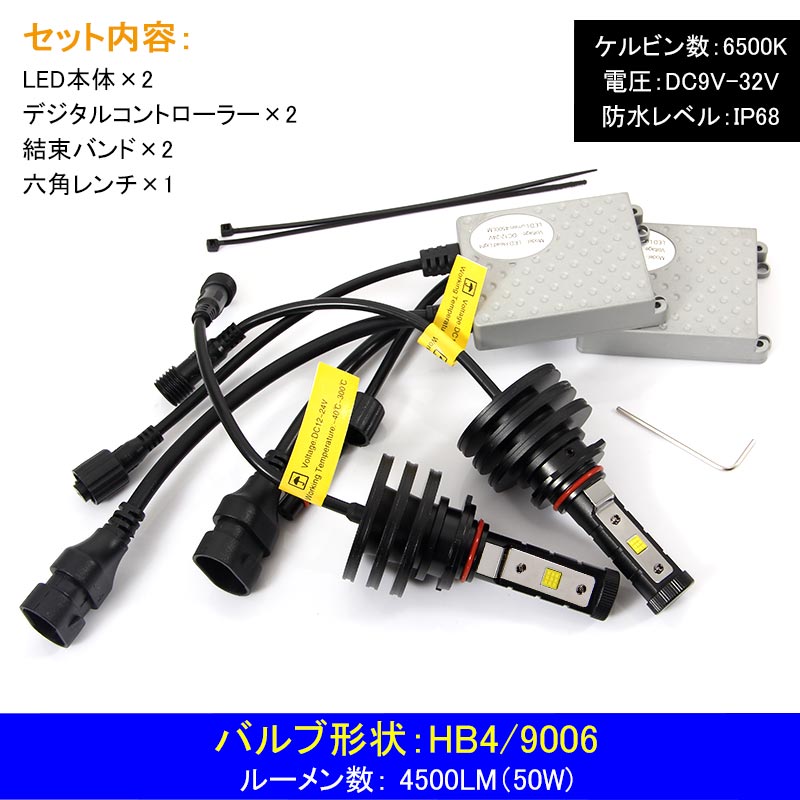 PHILIPS社製 4500LM LEDヘッドライト HB4/9006 50W 6500k 12v/24v対応 ヘッドランプ ライト フォグランプ 1年保証付 車検対応