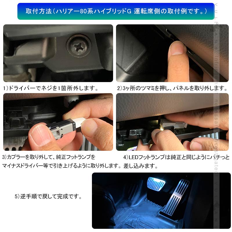 ハリアー80系 LEDインナーランプ アイスブルー 2PCS イルミ フットランプ グローブボックス コンソール 内装 パーツ アルファード 20系 30系 ヤリスクロス