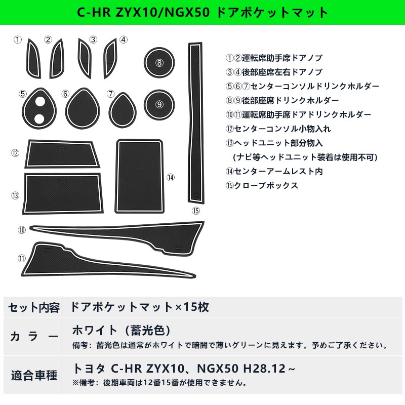 C-HR CH-R CHR 夜光色 ドアポケットマット インテリアパネル ゴムゴムマット アームレストマット コンソールマット 15P パーツ アクセサリー 内装
