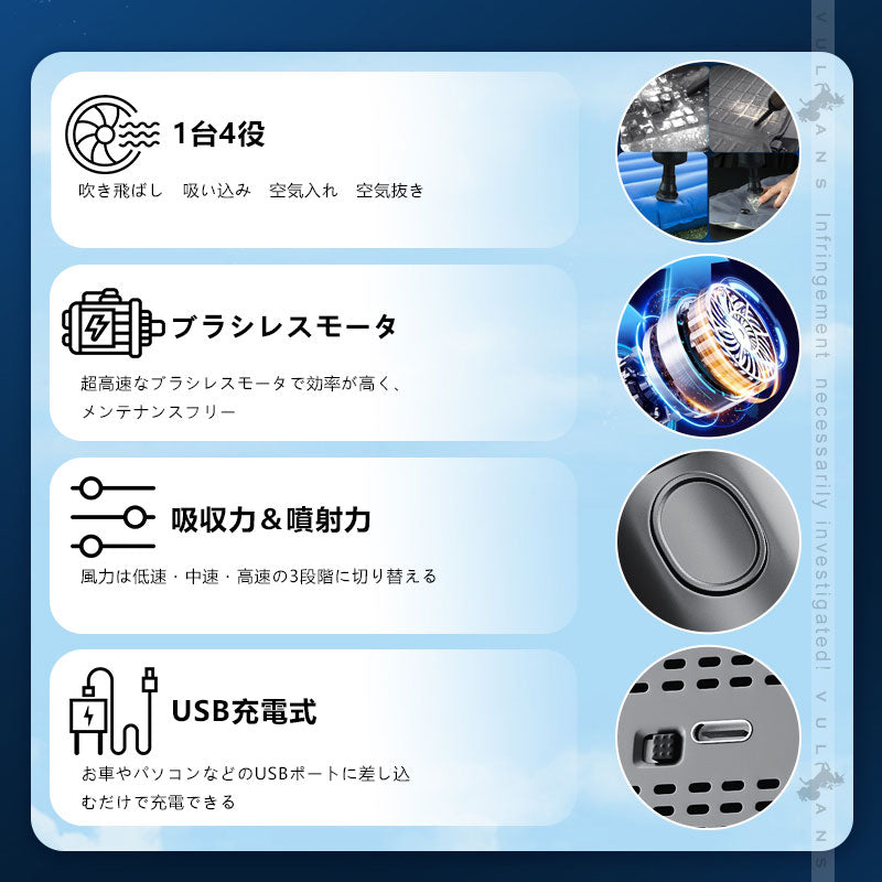 3WAY 電動エアダスター USB充電式 ハンディクリーナー ミニ掃除機 1台4役 7種類のノズル付 大容量バッテリー キーボード パソコン掃除 車内清掃 エアーポンプ