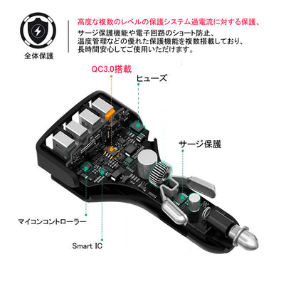 4ポート USB シガーソケット シガーチャージャー シガー 充電器 QC3.0 iPhone iPad スマホ 車載 充電 車用 3.5A 出力 4口 カーシガーチャージャー