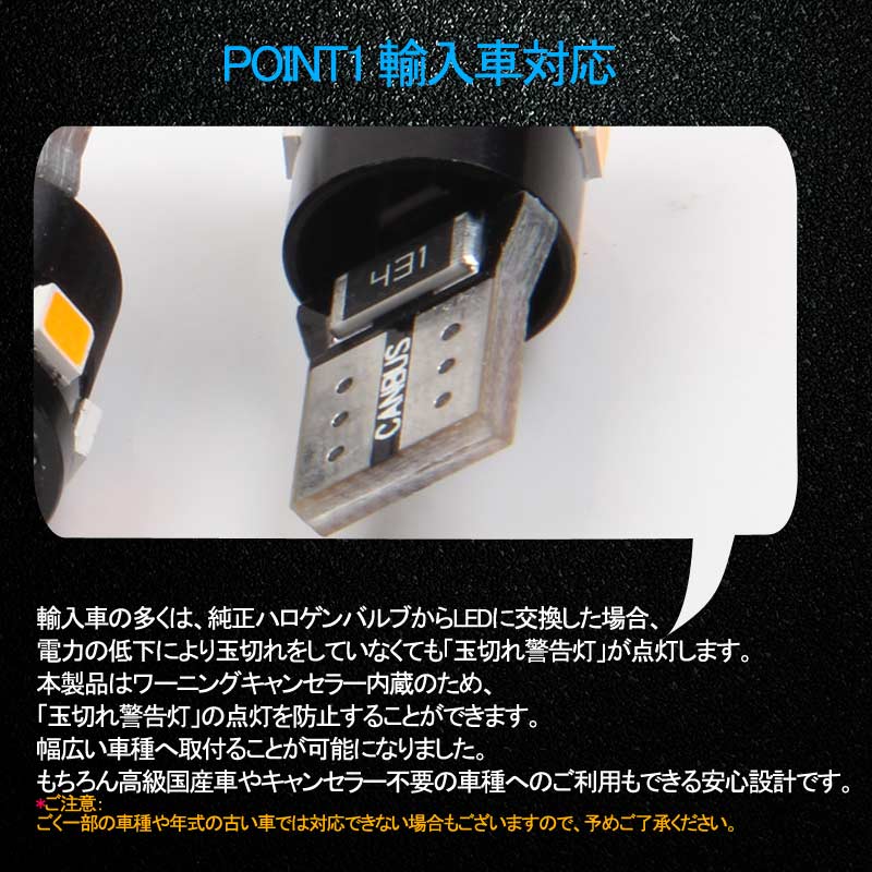 輸入車対応 T10/T15/T16 キャンセラー内蔵 LEDウェッジ球 LEDバルブ EPISTAR アンバー 110LM ウインカー ポジション 2個セット 無極性 内装パーツ
