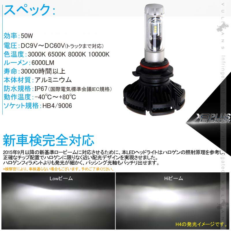 業界初 X3 PLUS LEDヘッドライト HB4/9006 新車検対応 DC9V～DC60V トラックまで対応 PHILIPS ZES ケルビン値変更可 6000LM 2個 光軸調整可 1年保証 IP67