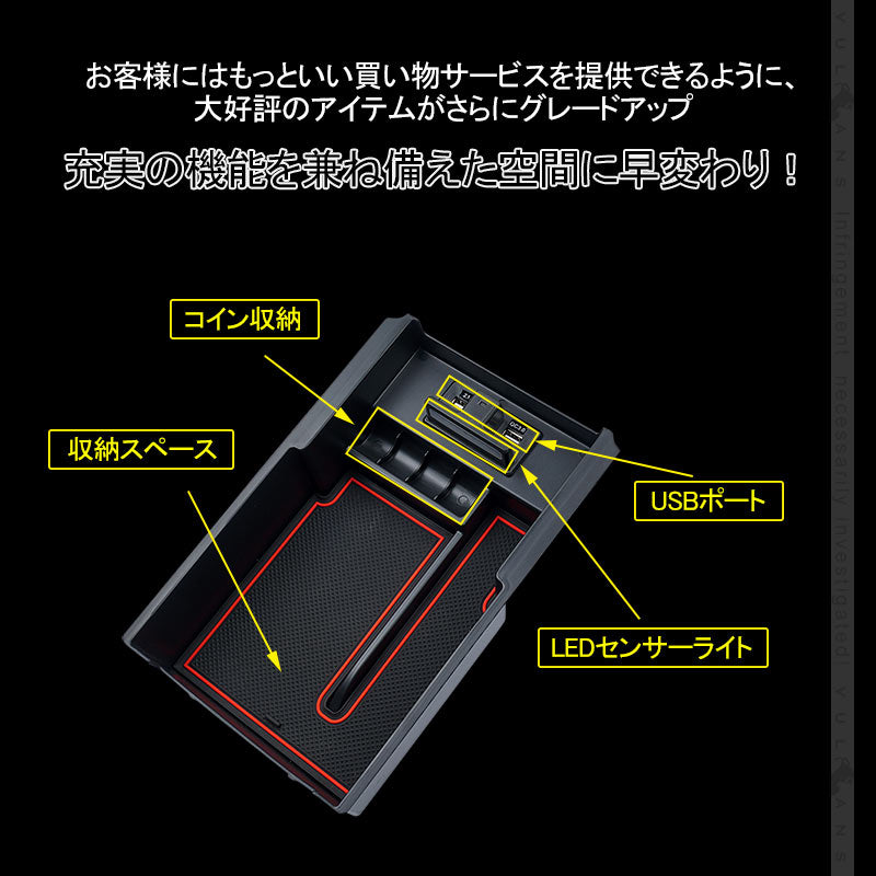 ハイエース 200系 1型 2型 3型 4型 5型 コンソールボックス USB充電ポート+LEDセンサーライト搭載 QC3.0 +2.1Aの２つ充電ポート 内装 パーツ 実用新案登録済み