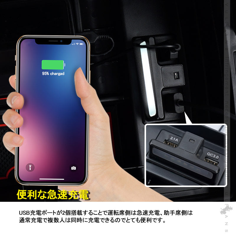 ハイエース 200系 1型 2型 3型 4型 5型 コンソールボックス USB充電ポート+LEDセンサーライト搭載 QC3.0 +2.1Aの２つ充電ポート 内装 パーツ 実用新案登録済み
