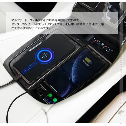 アルファード ヴェルファイア 30系 前期/後期 スマホ ワイヤレス充電器 QI充電+QC3.0急速充電+車両電圧計付 無線充電器 車載QI 急速充電器 取り付け簡単 iPhone