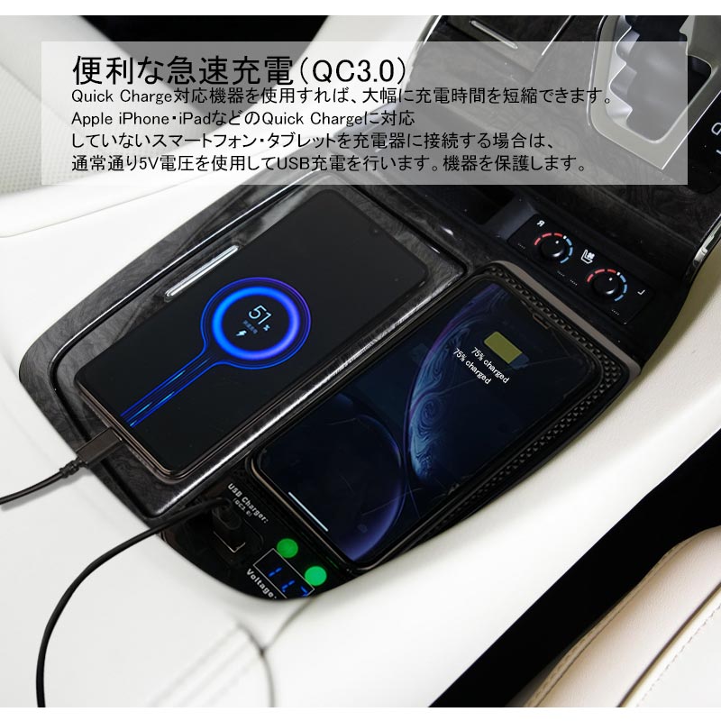 アルファード ヴェルファイア 30系 前期/後期 スマホ ワイヤレス充電器 QI充電+QC3.0急速充電+車両電圧計付 無線充電器 車載QI 急速充電器 取り付け簡単 iPhone