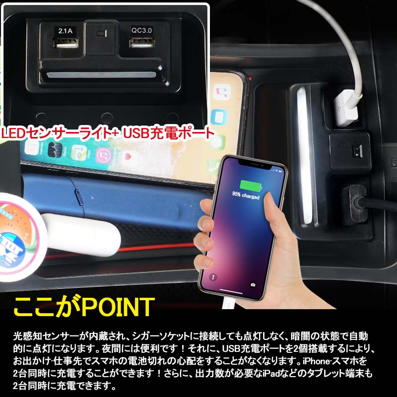 プリウス30系 前期/後期 センターコンソールボックス USB充電ポート+LEDセンサーライト搭載 コンソールトレイ 収納ボックス 内装 アクセサリー ド パーツ PRIUS