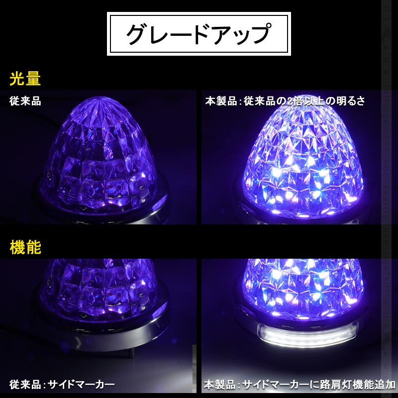 LEDサイドマーカー ホワイト 2個set  12V 24V用 8面クリスタルカット10-50V対応 メッキリング トラック 用品 フットランプ機能追加 10色選択可能