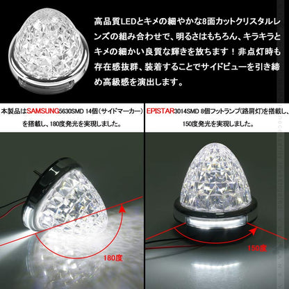 LEDサイドマーカー ホワイト 2個set  12V 24V用 8面クリスタルカット10-50V対応 メッキリング トラック 用品 フットランプ機能追加 10色選択可能
