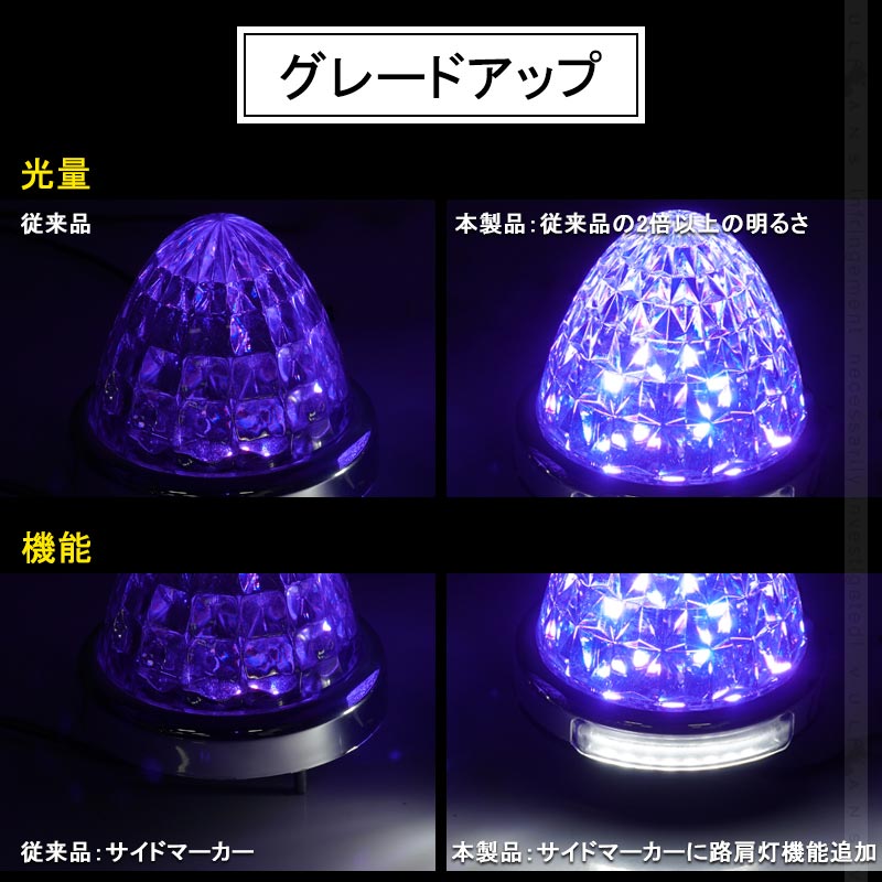 LEDサイドマーカー レッド 2個set 12V 24V用 8面クリスタルカット10-50V対応 メッキリング トラック 用品 フットランプ機能追加 10色選択可能