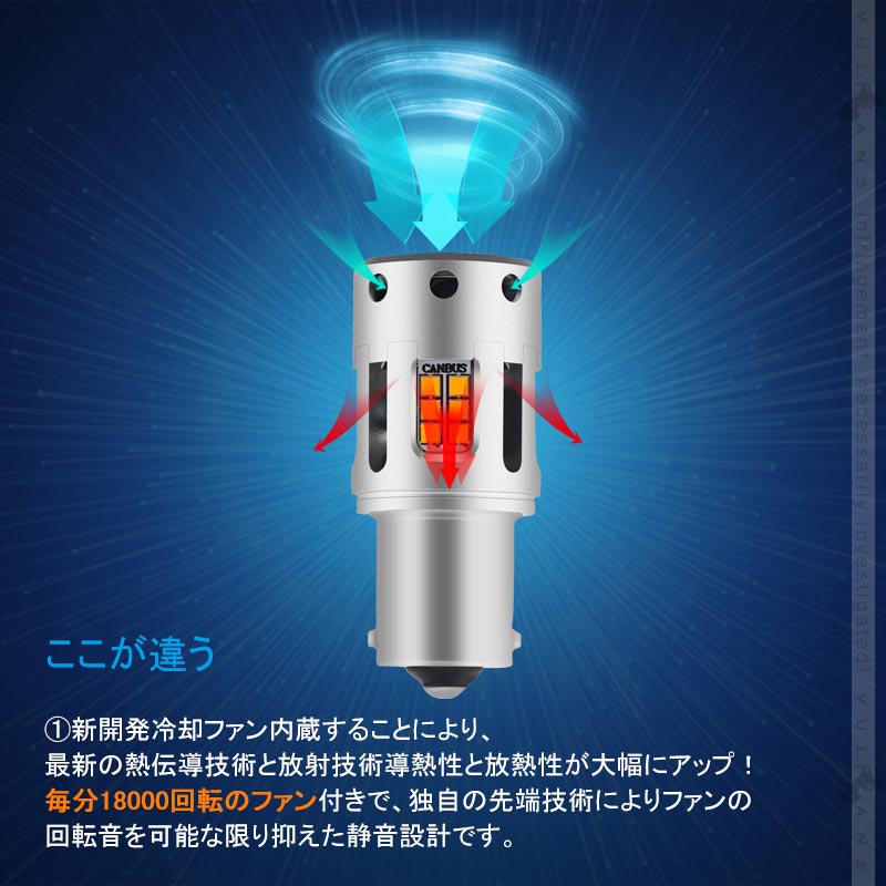 再改良 冷却ファン付 ハイフラ防止抵抗内蔵 ウインカー専用LEDバルブ S25 180度 アンバー 2個set  1800ルーメン LEDウインカーバルブ CSP1919SMD