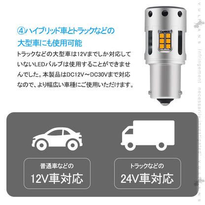 再改良 冷却ファン付 ハイフラ防止抵抗内蔵 ウインカー専用LEDバルブ アンバー  S25 150度 2個set  1800ルーメン LEDウインカーバルブ CSP1919SMD