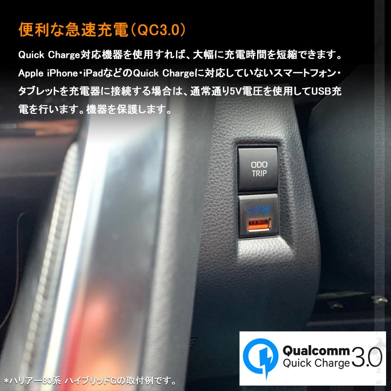 トヨタ車＆ダイハツ車 電圧計＋QC3.0 USB充電ポート増設充電ポート 急速充電 LED アクセサリー 車 ライズ RAV4 50系 ハリアー 80系 タント 電装 パーツ