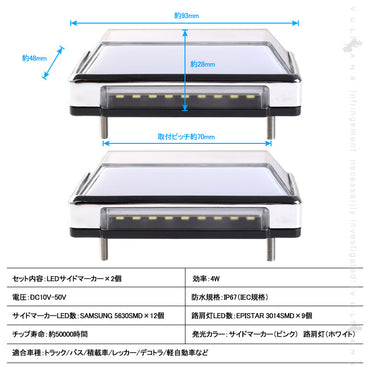 2WAY LEDサイドマーカーランプ 路肩灯機能搭載 トラック＆軽自動車 2個 ピンク LED マーカーランプ DC10V-50V 12V 24V車 トラックマーカー パーツ Bタイプ