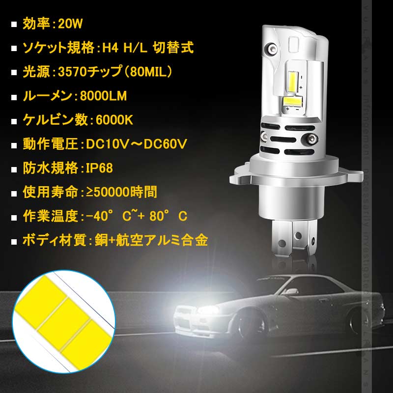令和2年 LEDヘッドライト H4 H/L 切替式 車検対応 バイク トラック 銅基板 航空アルミ合金 DC10Ｖ～60Ｖ LEDフォグランプ LEDバルブ 8000LM 防水 IP68 パーツ