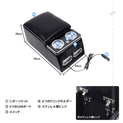 リア席用 多機能 アームレスト 汎用 3つUSBポート&LEDライト付 後部座席 コンソールボックス 大容量 疲労軽減 内装 パーツ カスタム ヴォクシー 70系 80系