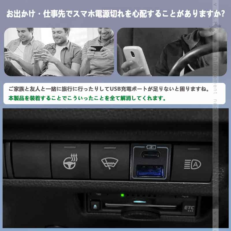 増設USB充電ポート トヨタ QC3.0 USBポート PD（Type?C)ポート スマホ充電 増設電源 電装 パーツ ヴォクシー/ノア90 アルファード30系前期/後期