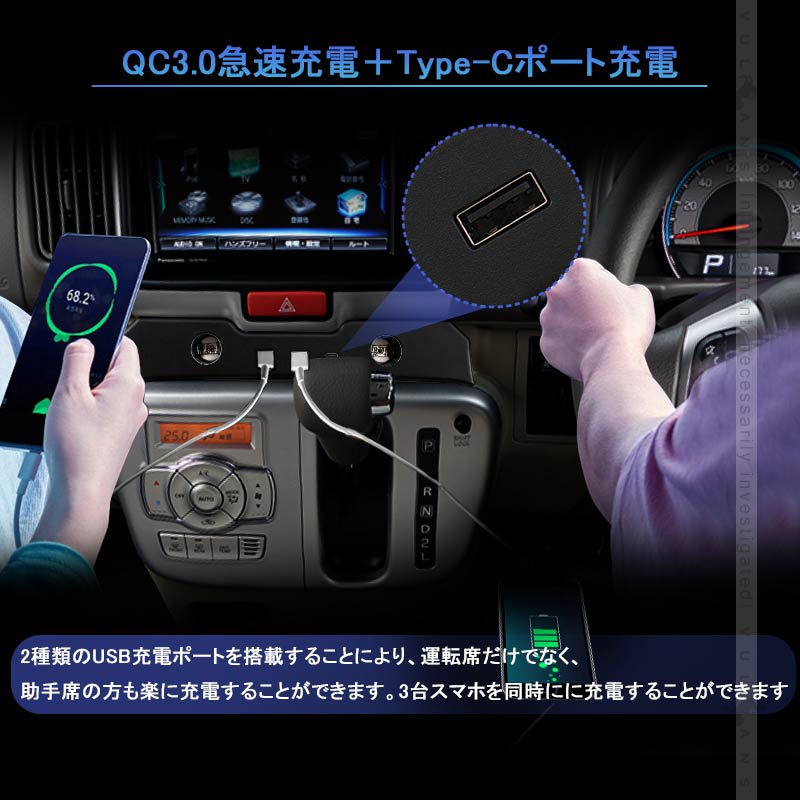 エブリイバン DA17V 増設電源ユニット 急速充電 QC3.0 USBポート2つ Type-Cポート1つ シガープラグ2つ 電源増設 内装 電装 パーツ エブリイワゴン DA17W EVERY