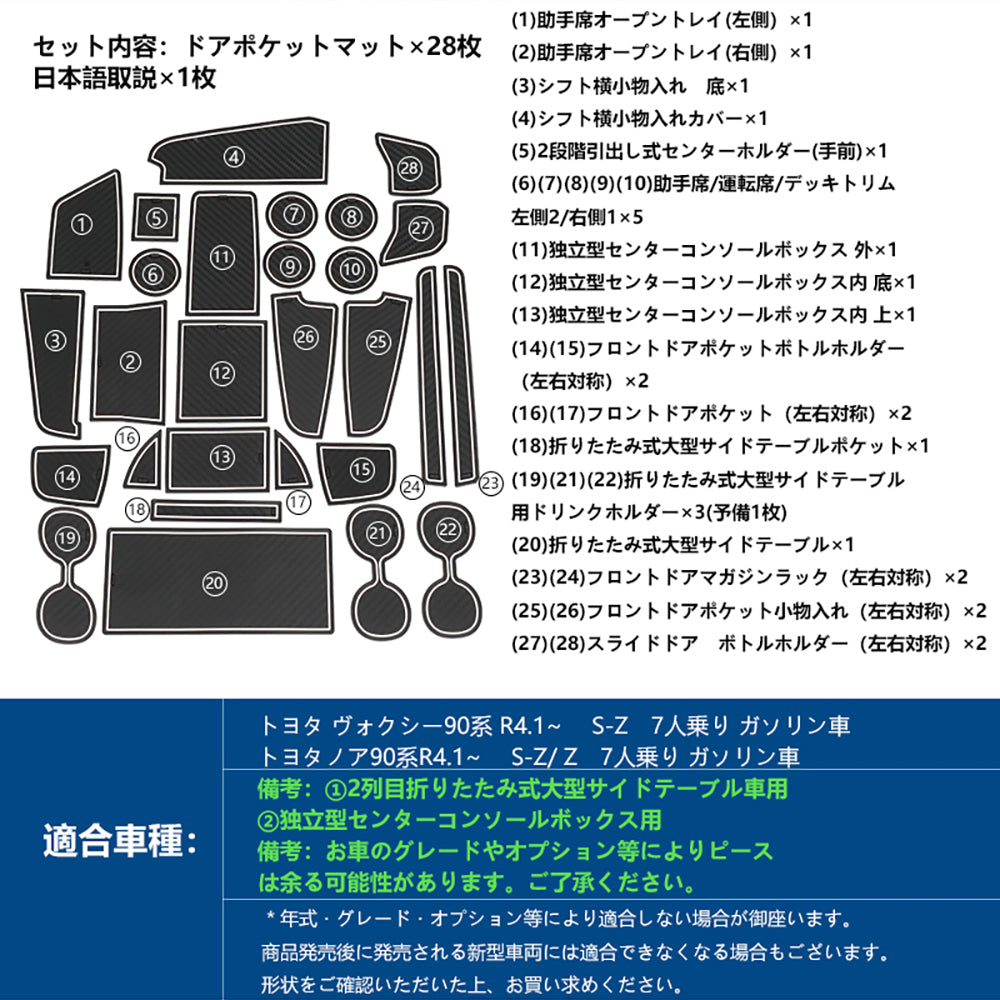 ドアポケットマット ヴォクシー/ノア 90系 7人乗り S-Z /Z 滑り止めマット 蓄光色 インテリアマット ラバーマット 水洗いOK 28枚 内装 パーツ キズ防止 トヨタ